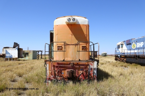 200914 7762
Pilbara Railways Historical Society, Goldsworthy Mining Ltd B class unit 1, an English Electric built ST95B model, originally built in 1965 serial A-104, due to accident damage rebuilt on new frame with serial A-232 in 1970. These units of Bo-Bo design with a 6CSRKT 640 kW prime mover and built at the Rocklea Qld plant. Donated to Society in 1995. 14th September 2020.
Keywords: B-class;English-Electric-Qld;ST95B;A-104;A-232;GML;Goldsworthy-Mining;