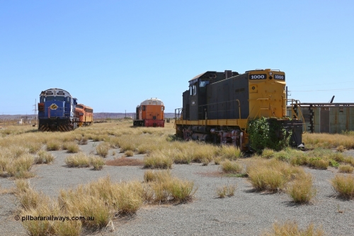 200914 7781
Pilbara Railways Historical Society, view looking north with locomotives from the left; former Mt Newman Mining / BHP ALCo M636 5502, former Mt Newman Mining EMD F7A 5450, former Goldsworthy Mining English Electric ST95B 1 and former Hamersley Iron ALCo C-415 1000. 14th September 2020.
