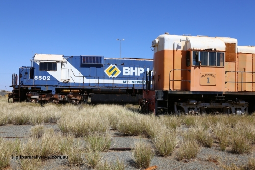 200914 7814
Pilbara Railways Historical Society, cab side views of former Goldsworthy Mining locomotive 1 an English Electric ST95B model built in Qld and former Mt Newman Mining / BHP Iron Ore locomotive 5502 an ALCo M636 model built by Comeng NSW. 14th September 2020.

