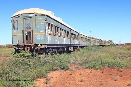 240701 2726
Pilbara Railways Historical Society, view along the passenger carriages, closest is the 'Conference Car' with SV 4 still visible, originally built by Clyde Engineering at Granville NSW in 1935 for the NSWGR as a second class railway carriage FS type FS 2010. In 1975 it was purchased by Hamersley Iron and converted to an inspection vehicle SV 4. When donated to the Society it was repurposed as a conference car. July 1, 2024.
Keywords: FS2010;FS-type;Clyde-Engineering-Granville-NSW;