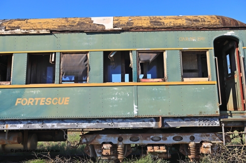 240701 2746
Pilbara Railways Historical Society, passenger carriage 'Fortescue' was originally built by Clyde Engineering at Granville NSW in 1936 for the NSWGR as a second class railway carriage FS type FS 2141. In 1975 it was purchased by the Society and is named after a local river. July 1, 2024.
Keywords: FS2141;FS-type;Clyde-Engineering-Granville-NSW;