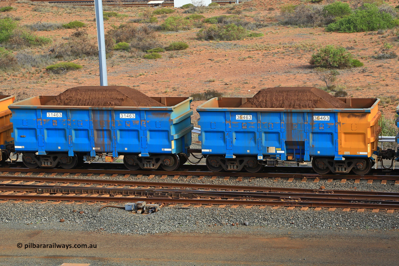 240619 0373
Cape Lambert yard, one of Rio Tinto's blue rakes with spring park brake and only electronic controlled pneumatic [ECP] braking, waggon pair 31463 is a master and is bar coupled to slave waggon 36463 built by China Northen as a Q type in 12/2022. Captured on June 19, 2024.
Keywords: 31463;36463;Q-type;China-Northern;Rio-ore-waggon;