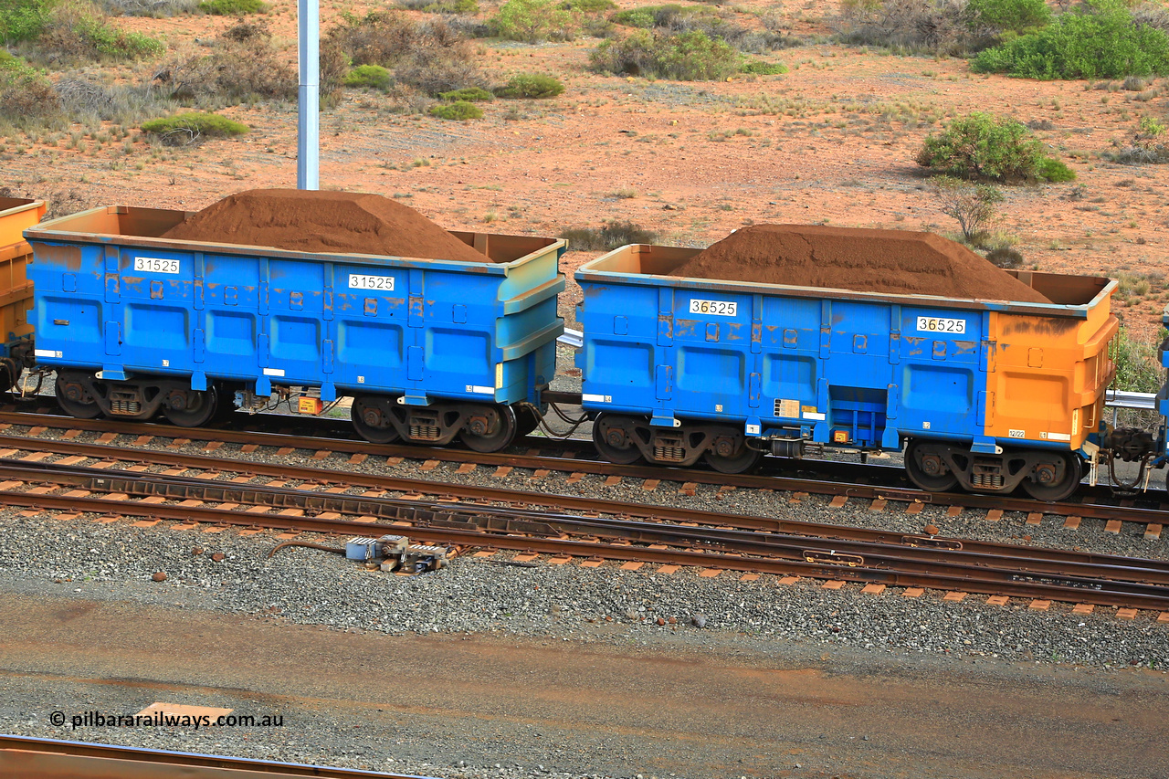 240619 0408
Cape Lambert yard, one of Rio Tinto's blue rakes with spring park brake and only electronic controlled pneumatic [ECP] braking, waggon pair 31525 is a master and is bar coupled to slave waggon 36525 built by China Northen as a Q type in 12/2022. Captured on June 19, 2024.
Keywords: 31525;36525;Q-type;China-Northern;Rio-ore-waggon;