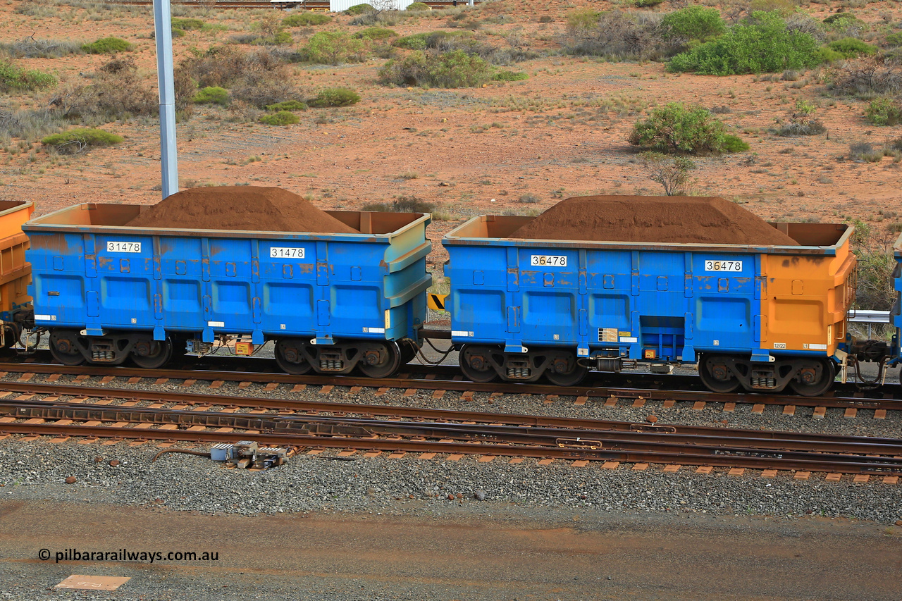 240619 0427
Cape Lambert yard, one of Rio Tinto's blue rakes with spring park brake and only electronic controlled pneumatic [ECP] braking, waggon pair 31478 is a master and is bar coupled to slave waggon 36478 built by China Northen as a Q type in 12/2022. Captured on June 19, 2024.
Keywords: 31478;36478;Q-type;China-Northern;Rio-ore-waggon;