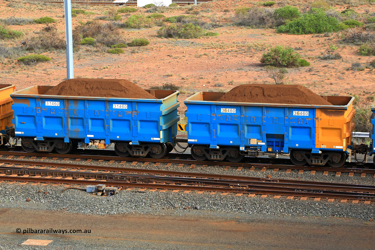 240619 0432
Cape Lambert yard, one of Rio Tinto's blue rakes with spring park brake and only electronic controlled pneumatic [ECP] braking, waggon pair 31460 is a master and is bar coupled to slave waggon 36460 built by China Northen as a Q type in 12/2022. Captured on June 19, 2024.
Keywords: 31460;36460;Q-type;China-Northern;Rio-ore-waggon;