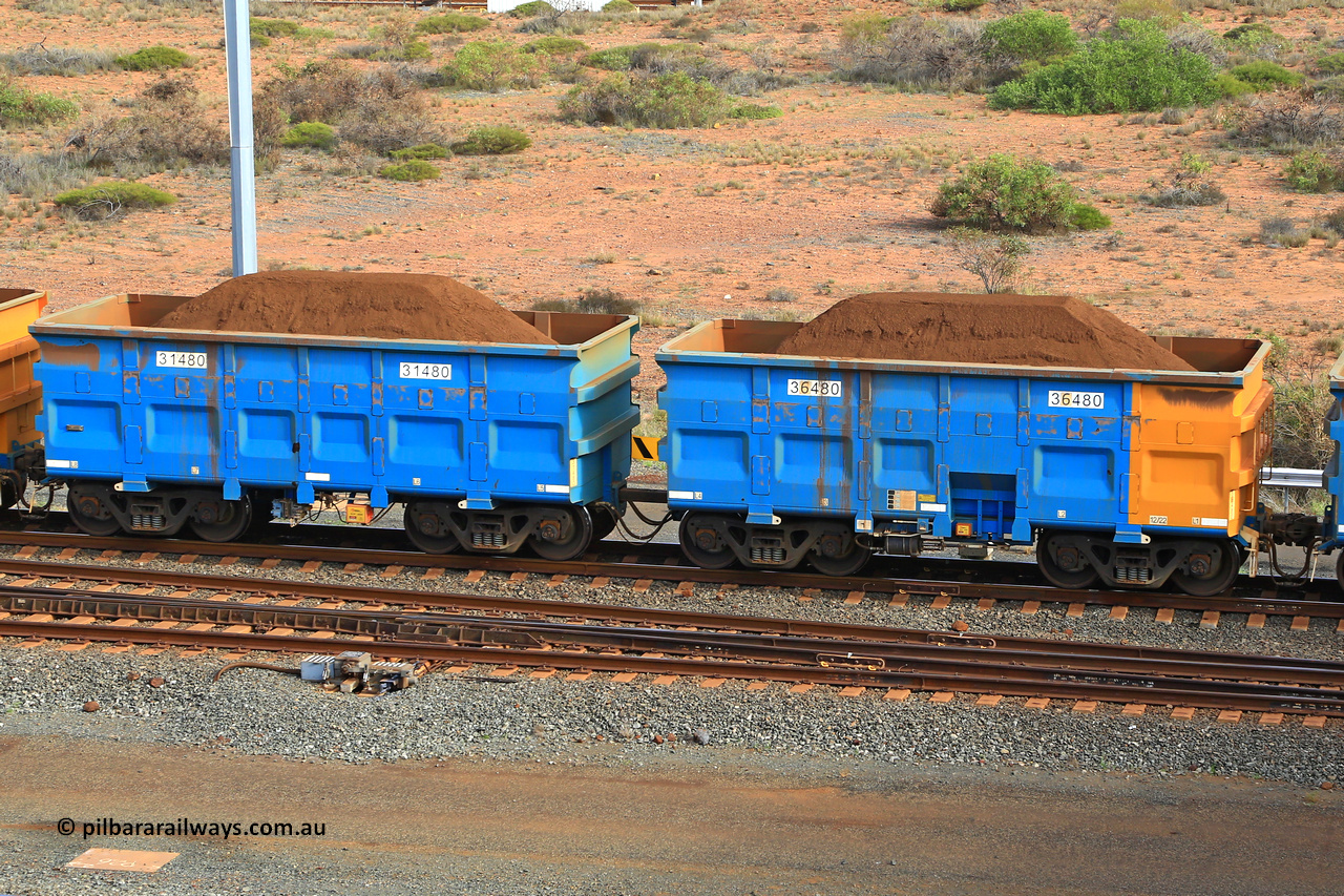 240619 0443
Cape Lambert yard, one of Rio Tinto's blue rakes with spring park brake and only electronic controlled pneumatic [ECP] braking, waggon pair 31480 is a master and is bar coupled to slave waggon 36480 built by China Northen as a Q type in 12/2022. Captured on June 19, 2024.
Keywords: 31480;36480;Q-type;China-Northern;Rio-ore-waggon;