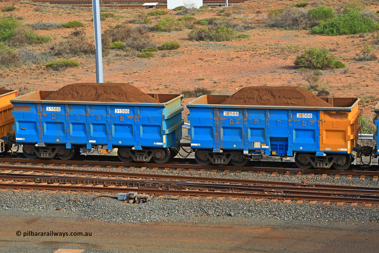 240619 0451
Cape Lambert yard, one of Rio Tinto's blue rakes with spring park brake and only electronic controlled pneumatic [ECP] braking, waggon pair 31566 is a master and is bar coupled to slave waggon 36566 built by China Northen as a Q type in 12/2022. Captured on June 19, 2024.
Keywords: 31566;36566;Q-type;China-Northern;Rio-ore-waggon;