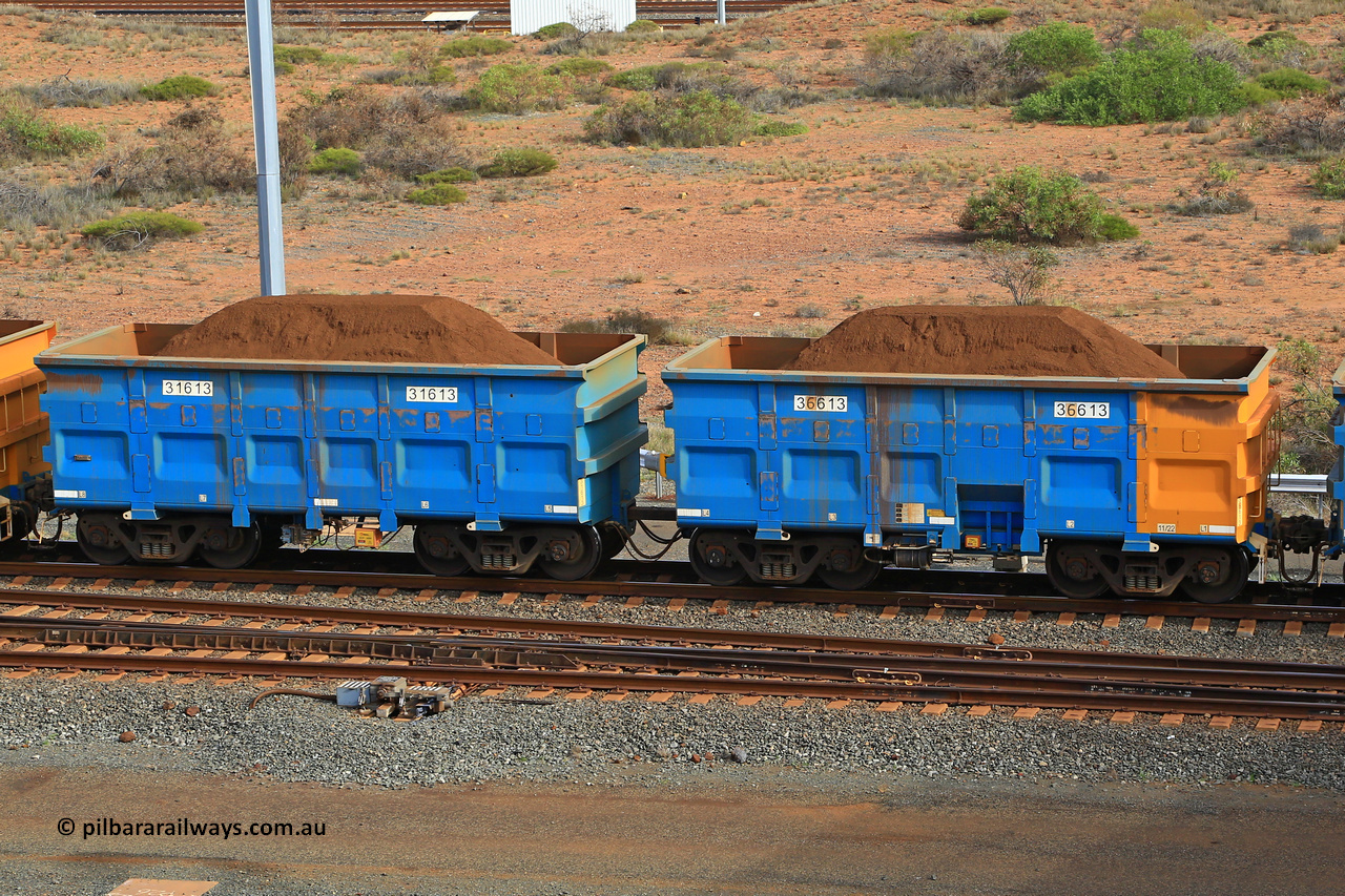240619 0452
Cape Lambert yard, one of Rio Tinto's blue rakes with spring park brake and only electronic controlled pneumatic [ECP] braking, waggon pair 31613 is a master and is bar coupled to slave waggon 36613 built by China Northen as a Q type in 11/2022. Captured on June 19, 2024.
Keywords: 31613;36613;Q-type;China-Northern;Rio-ore-waggon;