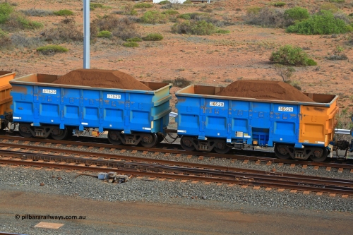 240619 0412
Cape Lambert yard, one of Rio Tinto's blue rakes with spring assisted park brake and only electronic controlled pneumatic [ECP] braking, waggon pair 31529 is a master and is bar coupled to slave waggon 36529 built by China Northen as a Q type in 12/2022. Captured on June 19, 2024.
Keywords: 31529;36529;Q-type;China-Northern;Rio-ore-waggon;