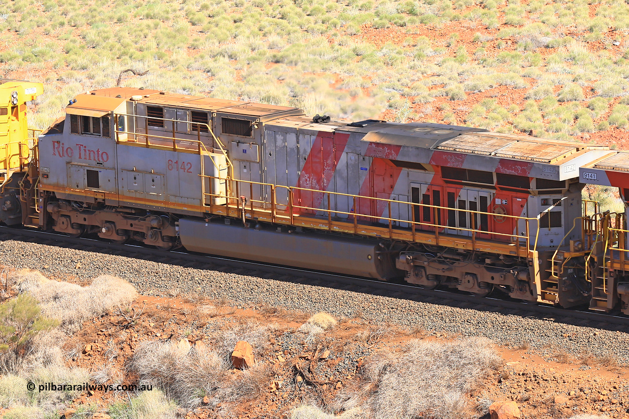 240701 2383
Western Creek, 67 km, Rio Tinto's GE built ES44DCi locomotive 8142 with serial number 58723, delivered in 2009 from the fourth order of this model from GE. Captured on July 1, 2024.
Keywords: 8142;GE;ES44DCi;58723;