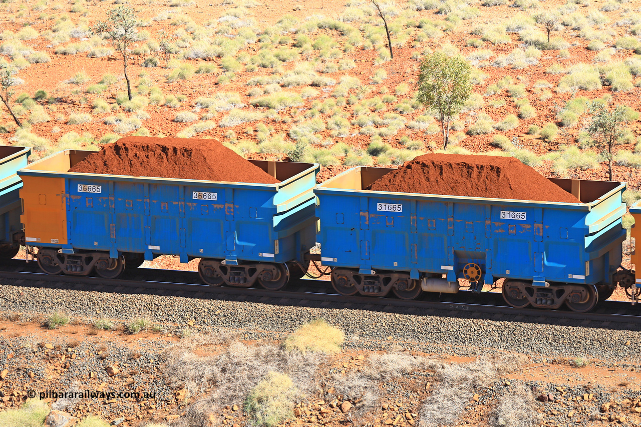 240701 2454
Western Creek, 67 km, one of Rio Tinto's blue rakes with spring assisted park brake and only electronic controlled pneumatic [ECP] braking, waggon pair 31665 is a master and is bar coupled to slave waggon 36665 built by China Northen as a Q type in 11/2022. Captured on July 1, 2024.
Keywords: 31665;36665;Q-type;China-Northern;Rio-ore-waggon;