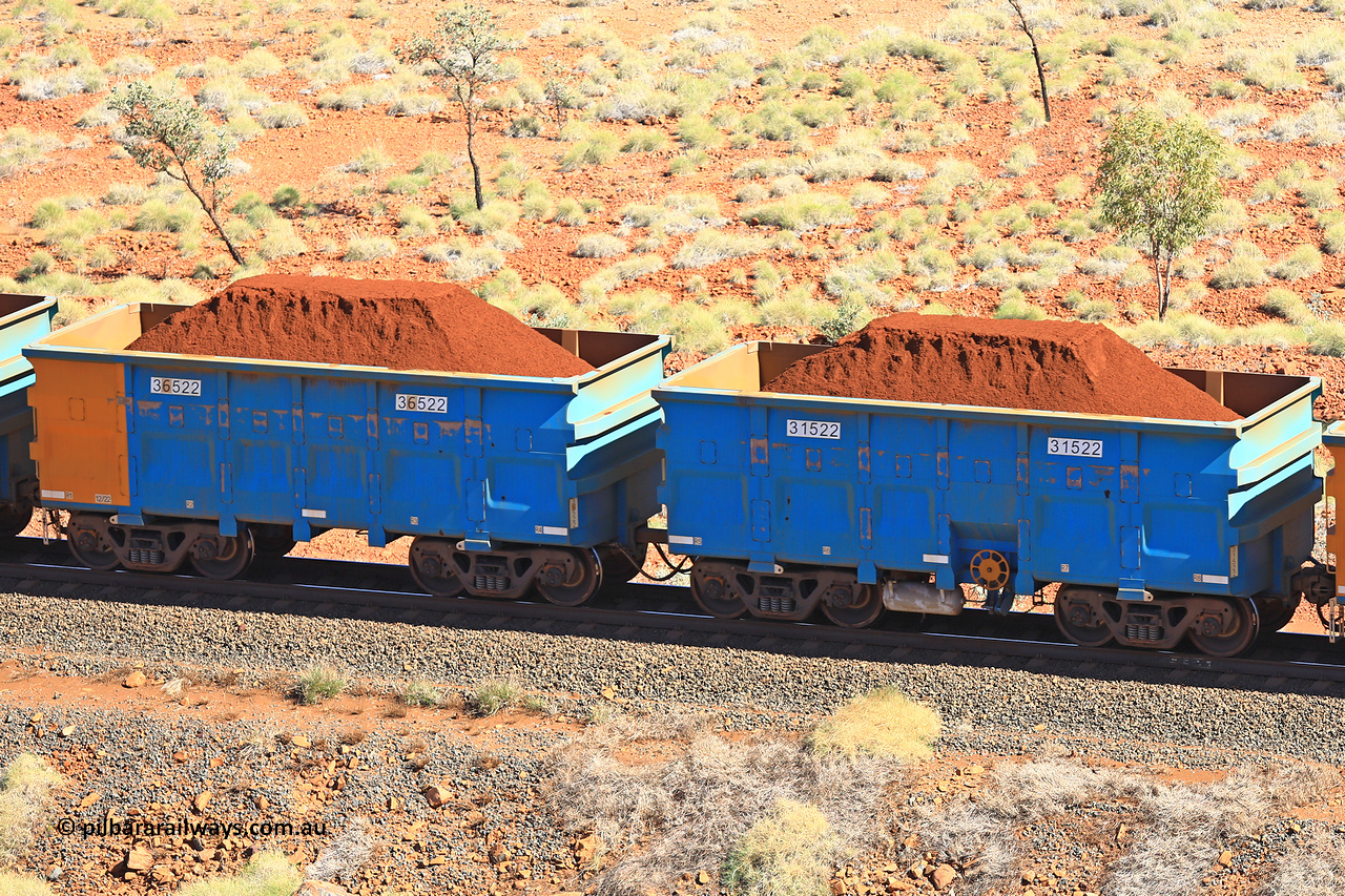 240701 2482
Western Creek, 67 km, one of Rio Tinto's blue rakes with spring assisted park brake and only electronic controlled pneumatic [ECP] braking, waggon pair 31522 is a master and is bar coupled to slave waggon 36522 built by China Northen as a Q type in 12/2022. Captured on July 1, 2024.
Keywords: 31522;36522;Q-type;China-Northern;Rio-ore-waggon;