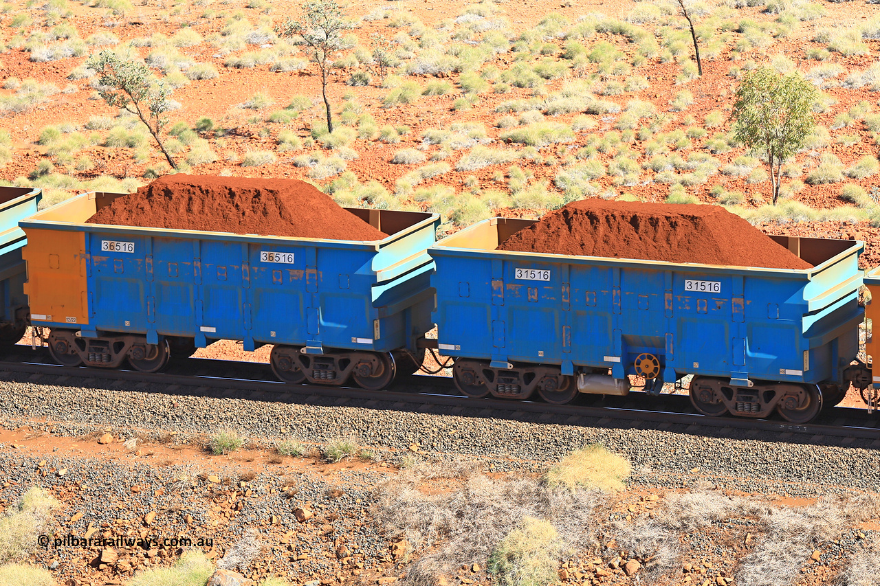 240701 2486
Western Creek, 67 km, one of Rio Tinto's blue rakes with spring assisted park brake and only electronic controlled pneumatic [ECP] braking, waggon pair 31516 is a master and is bar coupled to slave waggon 36516 built by China Northen as a Q type in 12/2022. Captured on July 1, 2024.
Keywords: 31516;36516;Q-type;China-Northern;Rio-ore-waggon;