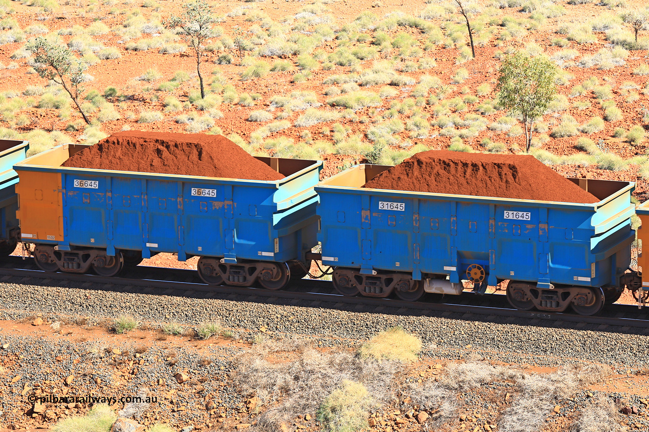 240701 2489
Western Creek, 67 km, one of Rio Tinto's blue rakes with spring assisted park brake and only electronic controlled pneumatic [ECP] braking, waggon pair 31645 is a master and is bar coupled to slave waggon 36645 built by China Northen as a Q type in 11/2022. Captured on July 1, 2024.
Keywords: 31645;36645;Q-type;China-Northern;Rio-ore-waggon;