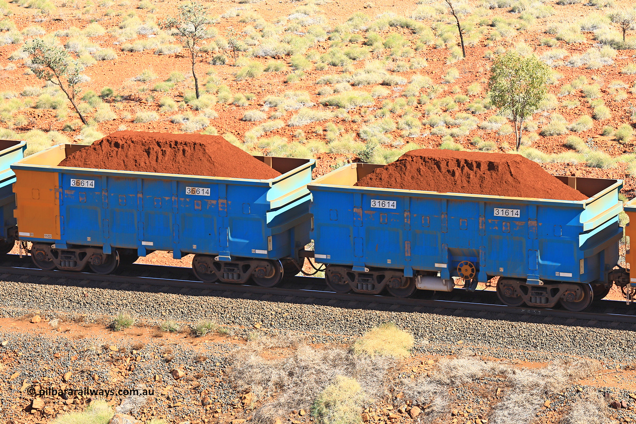 240701 2495
Western Creek, 67 km, one of Rio Tinto's blue rakes with spring assisted park brake and only electronic controlled pneumatic [ECP] braking, waggon pair 31614 is a master and is bar coupled to slave waggon 36614 built by China Northen as a Q type in 11/2022. Captured on July 1, 2024.
Keywords: 31614;36614;Q-type;China-Northern;Rio-ore-waggon;