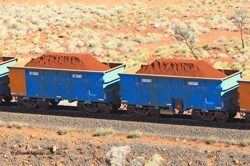 240701 2393
Western Creek, 67 km, one of Rio Tinto's blue rakes with spring assisted park brake and only electronic controlled pneumatic [ECP] braking, waggon pair 31679 is a master and is bar coupled to slave waggon 36679 built by China Northen as a Q type in 11/2022. Captured on July 1, 2024.
Keywords: 31679;36679;Q-type;China-Northern;Rio-ore-waggon;