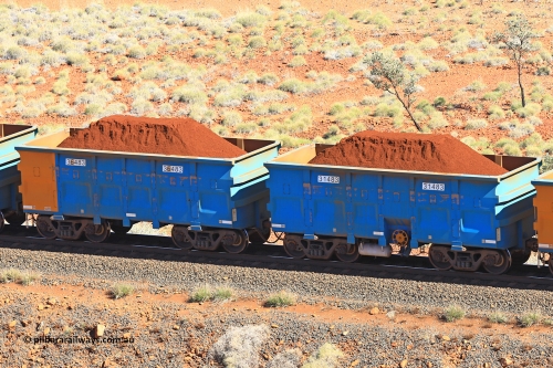 240701 2398
Western Creek, 67 km, one of Rio Tinto's blue rakes with spring assisted park brake and only electronic controlled pneumatic [ECP] braking, waggon pair 31483 is a master and is bar coupled to slave waggon 36483 built by China Northen as a Q type in 12/2022. Captured on July 1, 2024.
Keywords: 31483;36483;Q-type;China-Northern;Rio-ore-waggon;