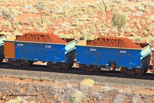 240701 2490
Western Creek, 67 km, one of Rio Tinto's blue rakes with spring assisted park brake and only electronic controlled pneumatic [ECP] braking, waggon pair 31528 is a master and is bar coupled to slave waggon 36528 built by China Northen as a Q type in 12/2022. Captured on July 1, 2024.
Keywords: 31528;36528;Q-type;China-Northern;Rio-ore-waggon;