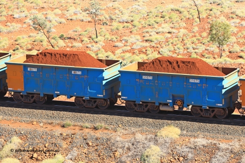 240701 2491
Western Creek, 67 km, one of Rio Tinto's blue rakes with spring assisted park brake and only electronic controlled pneumatic [ECP] braking, waggon pair 31675 is a master and is bar coupled to slave waggon 36675 built by China Northen as a Q type in 11/2022. Captured on July 1, 2024.
Keywords: 31675;36675;Q-type;China-Northern;Rio-ore-waggon;