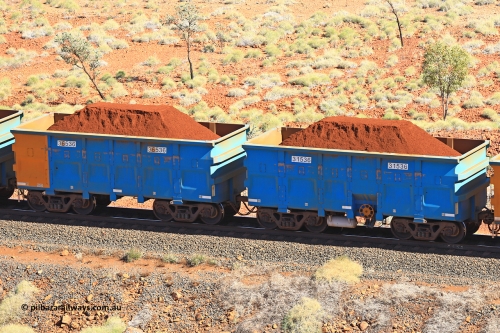240701 2494
Western Creek, 67 km, one of Rio Tinto's blue rakes with spring assisted park brake and only electronic controlled pneumatic [ECP] braking, waggon pair 31536 is a master and is bar coupled to slave waggon 36536 built by China Northen as a Q type in 12/2022. Captured on July 1, 2024.
Keywords: 31536;36536;Q-type;China-Northern;Rio-ore-waggon;