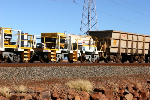 060723 7685
Original Hamersley Iron compressor waggon set IC-6 which were made from cutting down condemned ore waggons and then fitting Atlas Copco XAS 97 air compressors, receiver tanks and fuel tanks. Seen here on the causeway just outside 7 Mile. 23rd July 2006.
Keywords: IC-6;IC-7;rio-compressor-waggon;