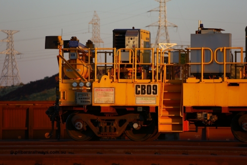 170510 8284
Rio Tinto compressor waggon set CB 09, compressor control waggon with two diesel powered Kaeser M57 Utility air compressors. Note the waggons are modified ore waggon frames. Seen here at Cape Lambert. 10th May 2017.
Keywords: CB09;rio-compressor-waggon;