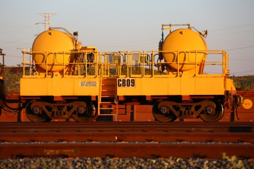 170510 8292
Rio Tinto compressor waggon set CB 09, air receiver waggon with two air tanks or receivers. Note the waggons are modified ore waggon frames. Seen here at Cape Lambert. 10th May 2017.
Keywords: CB09;rio-compressor-waggon;