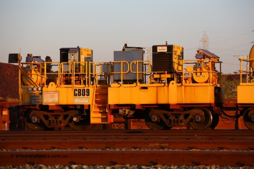 170510 8293
Rio Tinto compressor waggon set CB 09, compressor control waggon with two diesel powered Kaeser M57 Utility air compressors. Note the waggons are modified ore waggon frames. Seen here at Cape Lambert. 10th May 2017.
Keywords: CB09;rio-compressor-waggon;