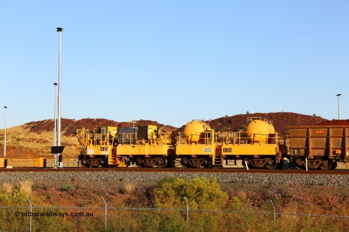 170728 09687
Rio Tinto compressor waggon set CB 12, compressor control waggon with two diesel powered Kaeser M57 Utility air compressors and the receiver waggon with two air tanks or receivers. Note the waggons are modified ore waggon frames. Seen here at Cape Lambert. 28th July 2017.
Keywords: CB12;rio-compressor-waggon;
