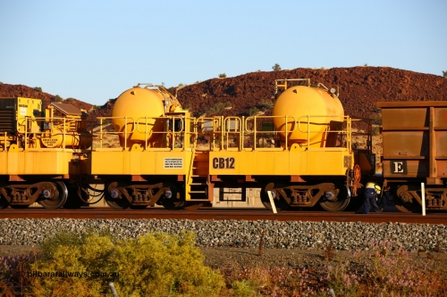 170728 09688
Rio Tinto compressor waggon set CB 12, receiver waggon with two air tanks or receivers. Note the waggons are modified ore waggon frames. Seen here at Cape Lambert. 28th July 2017.
Keywords: CB12;rio-compressor-waggon;