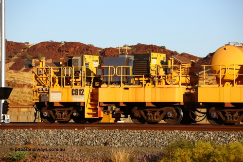 170728 09690
Rio Tinto compressor waggon set CB 12, compressor control waggon with two diesel powered Kaeser M57 Utility air compressors. Note the waggons are modified ore waggon frames. Seen here at Cape Lambert. 28th July 2017.
Keywords: CB12;rio-compressor-waggon;