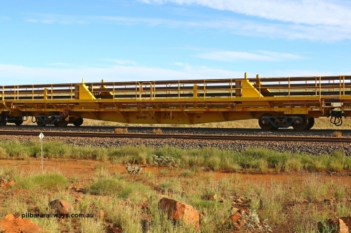 210510 1100
Near Gull on the Rio Tinto Dampier - Tom Price line at the 101.5 km, RTW type intermediate rail waggon RTW 020 on Rio Tinto's Gemco Rail built rail train consist. 10th May 2021. [url=https://goo.gl/maps/9WbRn1E4vP6a1YbN8]Location[/url].
Keywords: RTW-type;RTW020;Gemco-Rail-WA;