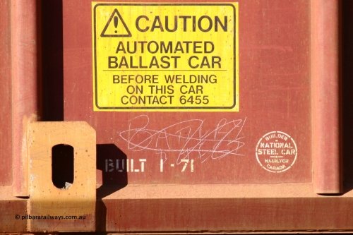 BH058 050828 5392
Rosella Siding, Hamersley Iron ballast hopper waggon BH 058, builders mark detail, built by National Steel Car Company of Canada in January 1971. August 28, 2005.
Keywords: BH-type;BH058;National-Steel-Car-Canada;Rio-ballast-waggon;