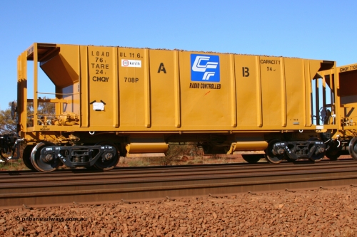 CHQY708 050828 5384
Rosella Siding, CFCLA CHQY type lease ballast waggon CHQY 708 P loaded in Rio Tinto ballast train service during the Tunkawanna duplication project. These CFCLA lease waggons are ex-USA builds dating from 1965 and have been coded CRDX and CHQF in the past. August 28, 2005.
Keywords: CHQY-type;CHQY708;CRDX-type;CFCLA;Rio-ballast-hopper;