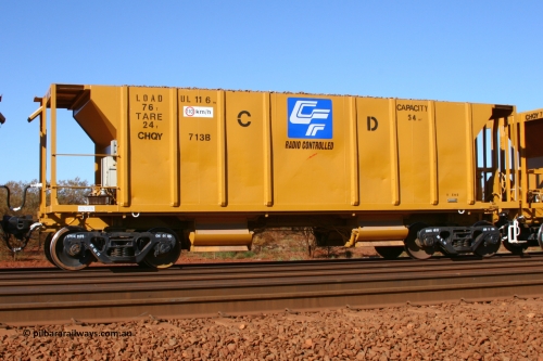 CHQY713 050828 5383
Rosella Siding, CFCLA CHQY type lease ballast waggon CHQY 713 B loaded in Rio Tinto ballast train service during the Tunkawanna duplication project. These CFCLA lease waggons are ex-USA builds dating from 1965 and have been coded CRDX and CHQF in the past. August 28, 2005.
Keywords: CHQY-type;CHQY713;CRDX-type;CFCLA;Rio-ballast-hopper;