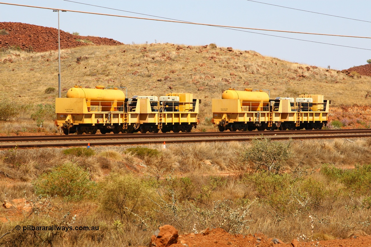 070908 0594
Robe River compressor waggon sets IC 20 with air receiver and IC 21 with two Ingersoll Rand air compressors and IC 22 with receiver and IC 23 with compressors These waggons are ballasted to 100 tonnes each and are modified ore waggons. Cape Lambert 8th August 2007.
Keywords: IC20;IC21;IC22;IC23;robe-compressor-waggon;