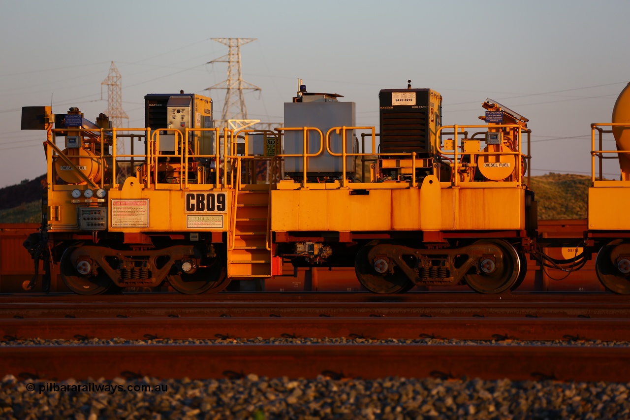 170510 8283
Rio Tinto compressor waggon set CB 09, compressor control waggon with two diesel powered Kaeser M57 Utility air compressors. Note the waggons are modified ore waggon frames. Seen here at Cape Lambert. 10th May 2017.
Keywords: CB09;rio-compressor-waggon;