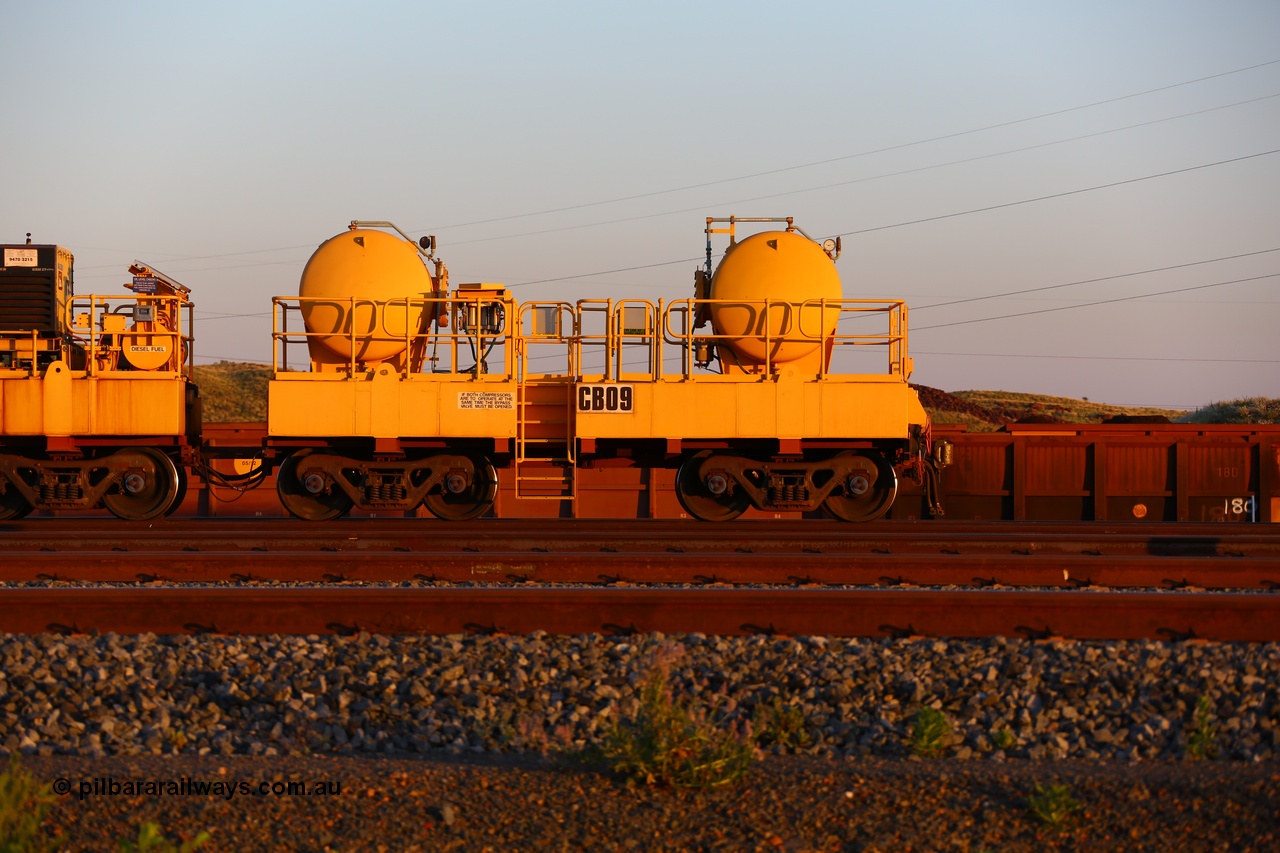 170510 8285
Rio Tinto compressor waggon set CB 09, air receiver waggon with two air tanks or receivers. Note the waggons are modified ore waggon frames. Seen here at Cape Lambert. 10th May 2017.
Keywords: CB09;rio-compressor-waggon;