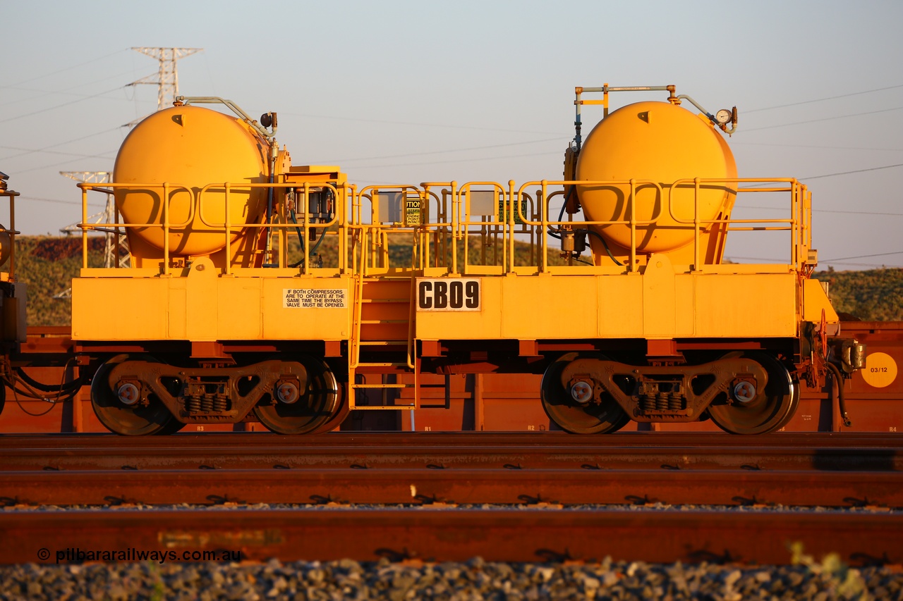 170510 8292
Rio Tinto compressor waggon set CB 09, air receiver waggon with two air tanks or receivers. Note the waggons are modified ore waggon frames. Seen here at Cape Lambert. 10th May 2017.
Keywords: CB09;rio-compressor-waggon;