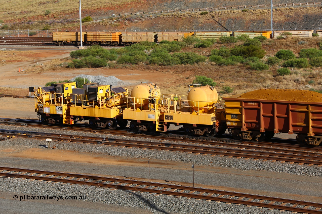 170729 0106
Rio Tinto compressor waggon set CB 14, compressor control waggon with two diesel powered Kaeser M57 Utility air compressors and the receiver waggon with two air tanks or receivers. Note the waggons are modified ore waggon frames. Seen here at Cape Lambert. 29th July 2017.
Keywords: CB14;rio-compressor-waggon;