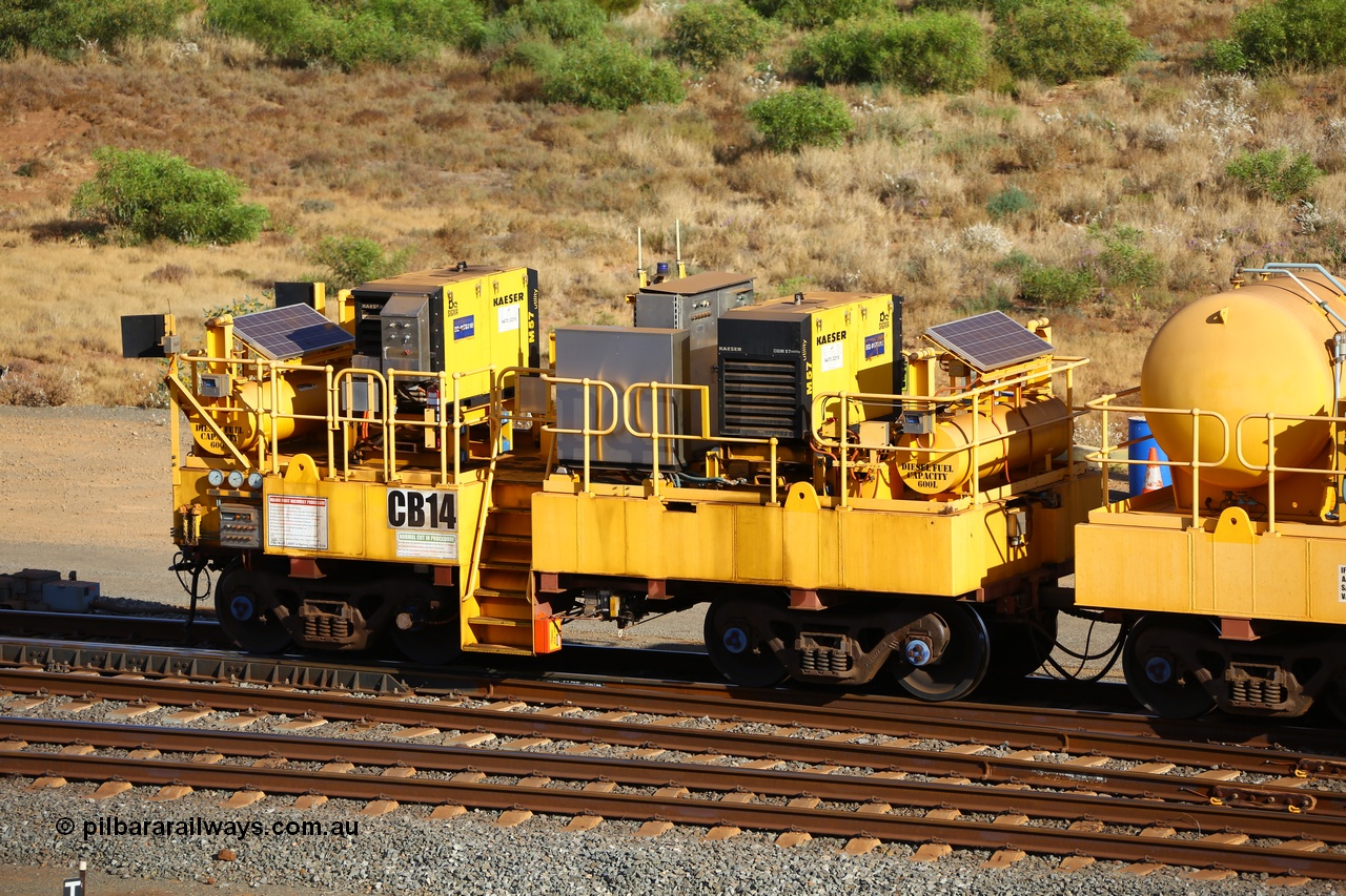 170729 0108
Rio Tinto compressor waggon set CB 14, compressor control waggon with two diesel powered Kaeser M57 Utility air compressors. Note the waggons are modified ore waggon frames. Seen here at Cape Lambert. 29th July 2017.
Keywords: CB14;rio-compressor-waggon;