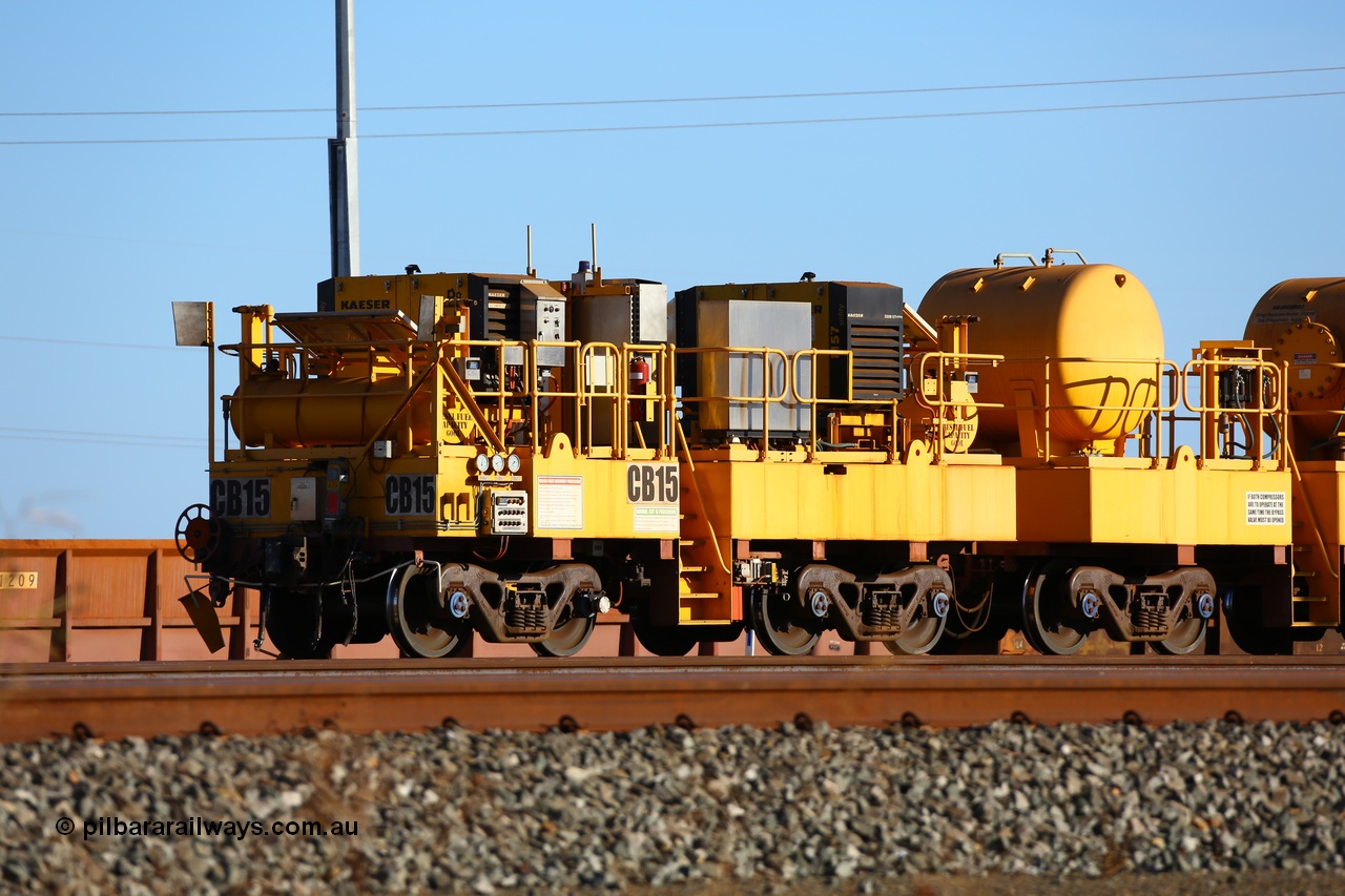171018 0735
Rio Tinto compressor waggon set CB 15, compressor control waggon with two diesel powered Kaeser M57 Utility air compressors and the receiver waggon with two air tanks or receivers. Note the waggons are modified ore waggon frames. Seen here at Cape Lambert. 18th October 2017.
Keywords: CB15;rio-compressor-waggon;