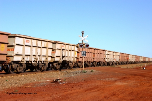 1768-6753 050828 5047
Tunkawanna, loaded Robe River Bradken built S series waggon pair 1768 control and 6753 slave built in March 2002. August 28, 2005.
Keywords: 1768;6753;S-series;Bradken-Rail-Qld;Rio-ore-waggon;