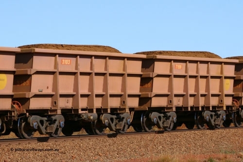 3103-7159 050828 5086
Tunkawanna, loaded Hamersley Iron Bradken built S series waggon pair 3103 control and 7159 slave built in December 2003. August 28, 2005.
Keywords: 3103;7159;S-series;Bradken-Rail-Qld;Rio-ore-waggon;