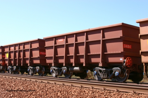 3484-7554 050828 5301
Lyre Siding, empty Hamersley Iron Bradken built S series waggon pair 3484 control and 7554 slave looking pretty new with a build date of May 2005. August 28, 2005.
Keywords: 3484;7554;S-series;Bradken-Rail-Qld;Rio-ore-waggon;