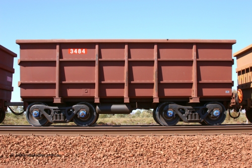 3484 050828 5319
Lyre Siding, empty Hamersley Iron Bradken built S series control waggon  3484 looking pretty new with a build date of May 2005. August 28, 2005.
Keywords: 3484;S-series;Bradken-Rail-Qld;Rio-ore-waggon;