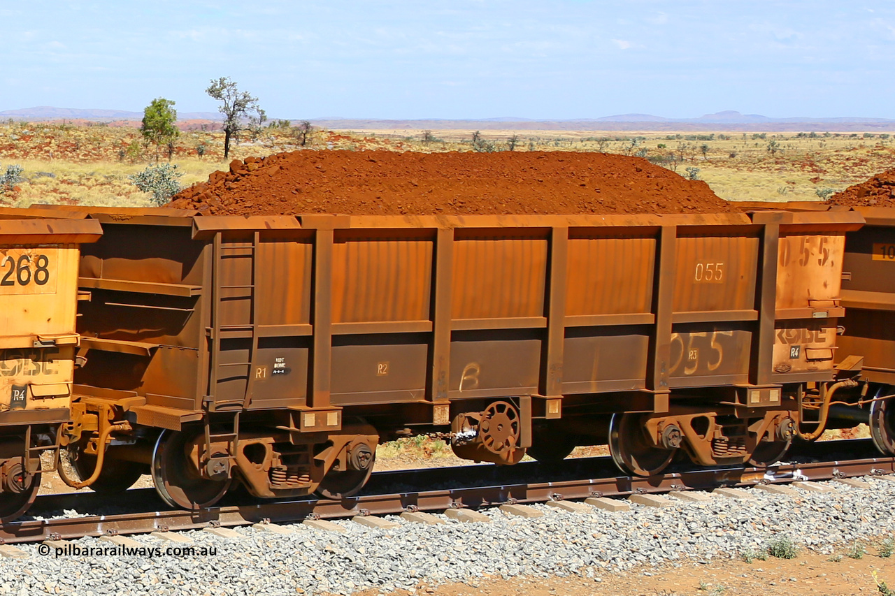 0055 170729 0235
Robe River ore waggon 055, built by Nippon Sharyo Nihon, fixed coupler handbrake side loaded view at the 103 km, between Maitland Siding and the Fortescue River on the Deepdale line. July 29, 2017.
Keywords: 055;Nippon-Sharyo-Nihon;Robe-ore-waggon;