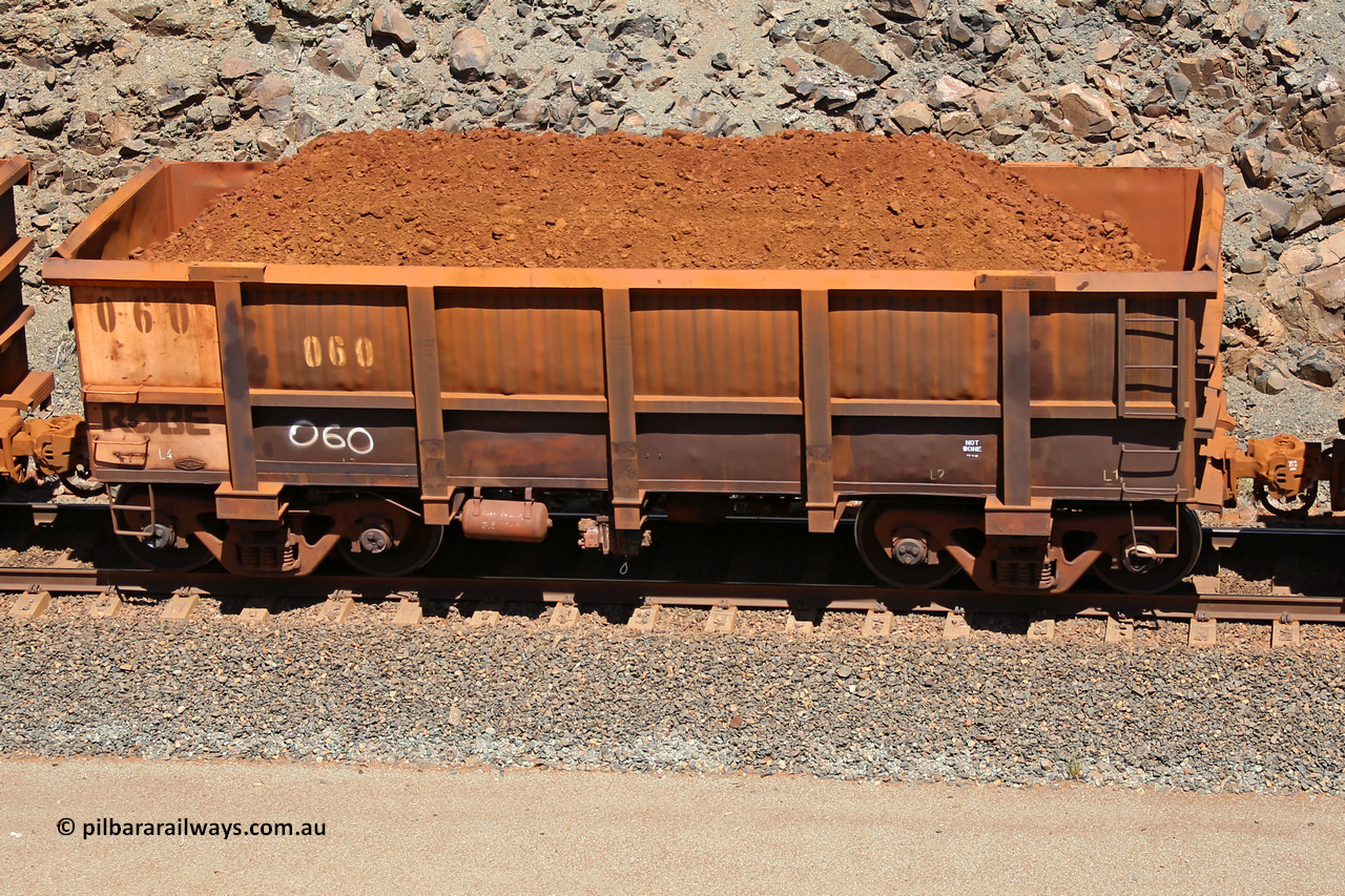 0060 160306 1542
Robe River ore waggon 060, built by Nippon Sharyo Nihon, fixed coupler non-handbrake side loaded view at the 45 km, Harding Siding on the Cape Lambert line. March 6, 2016.
Keywords: 060;Nippon-Sharyo-Nihon;Robe-ore-waggon;