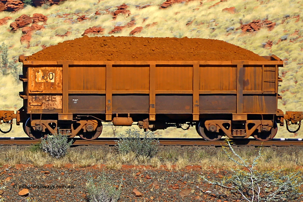 0080 170728 09943
Robe River ore waggon 080, built by Nippon Sharyo Nihon, non-handbrake side loaded view at the 72 km, Western Creek on the Deepdale line. July 28, 2017.
Keywords: 080;Nippon-Sharyo-Nihon;Robe-ore-waggon;