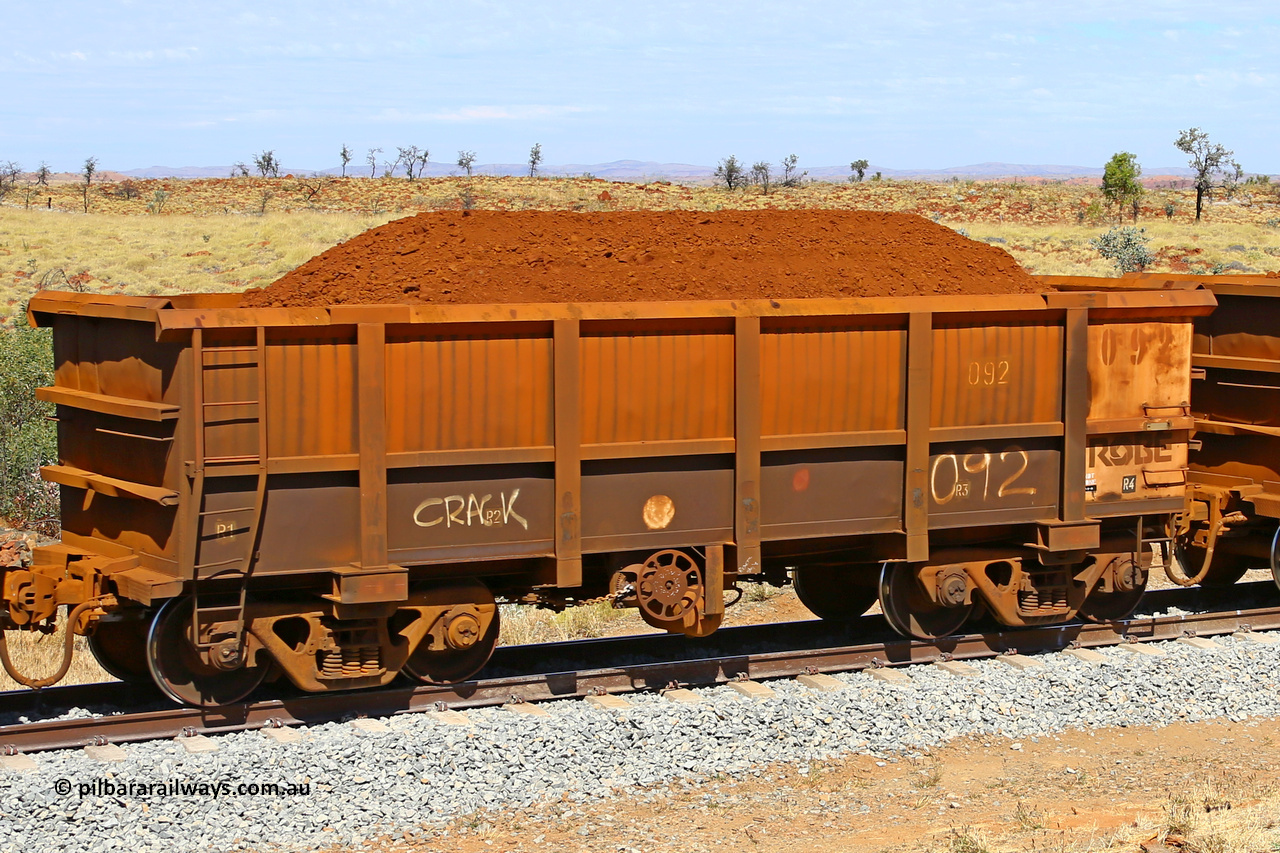 0092 170729 0218
Robe River ore waggon 092, built by Nippon Sharyo Nihon, fixed coupler handbrake side loaded view at the 103 km, between Maitland Siding and the Fortescue River on the Deepdale line. July 29, 2017.
Keywords: 092;Nippon-Sharyo-Nihon;Robe-ore-waggon;